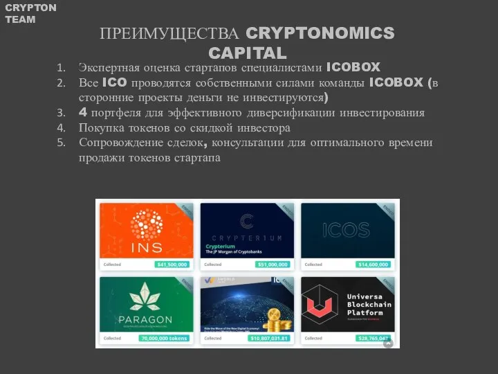 ПРЕИМУЩЕСТВА CRYPTONOMICS CAPITAL Экспертная оценка стартапов специалистами ICOBOX Все ICO проводятся