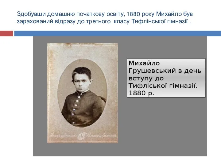 Здобувши домашню початкову освіту, 1880 року Михайло був зарахований відразу до третього класу Тифлінської гімназії .