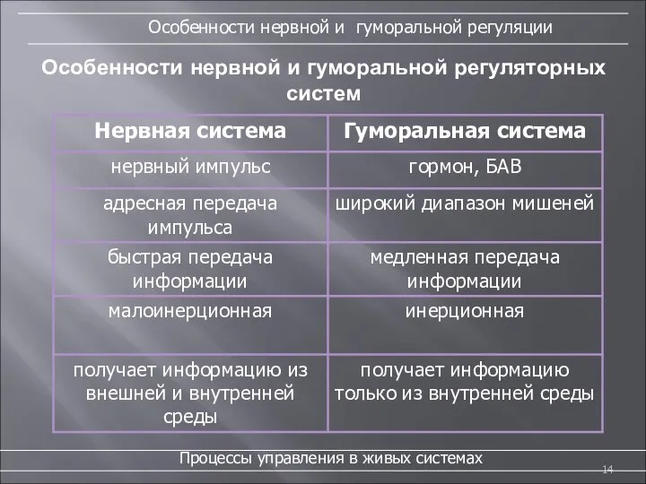 Особенности нервной и гуморальной регуляторных систем Процессы управления в живых системах Особенности нервной и гуморальной регуляции