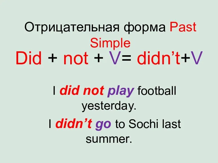 Отрицательная форма Past Simple Did + not + V= didn’t+V I