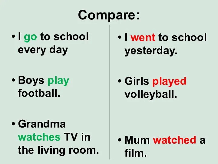 Compare: I go to school every day Boys play football. Grandma