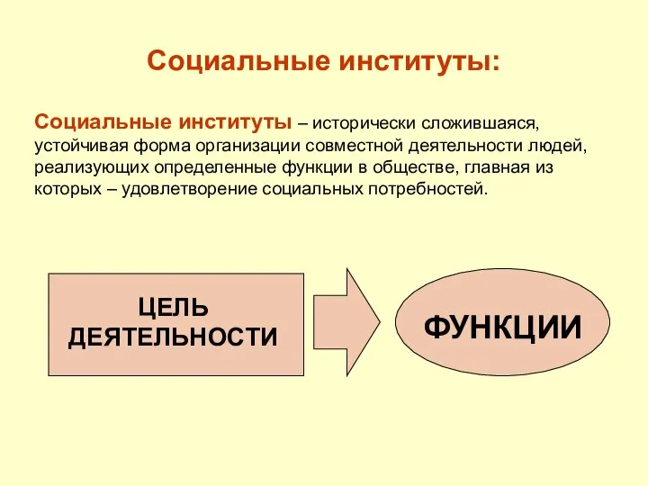 Социальные институты: Социальные институты – исторически сложившаяся, устойчивая форма организации совместной