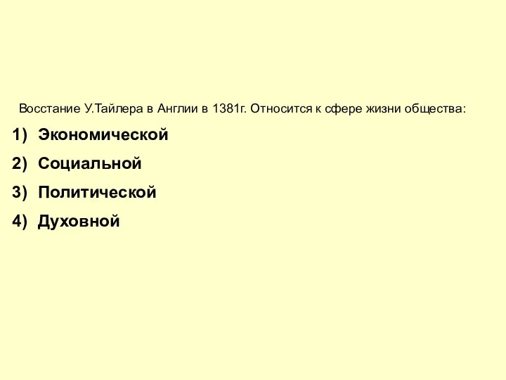 Восстание У.Тайлера в Англии в 1381г. Относится к сфере жизни общества: Экономической Социальной Политической Духовной