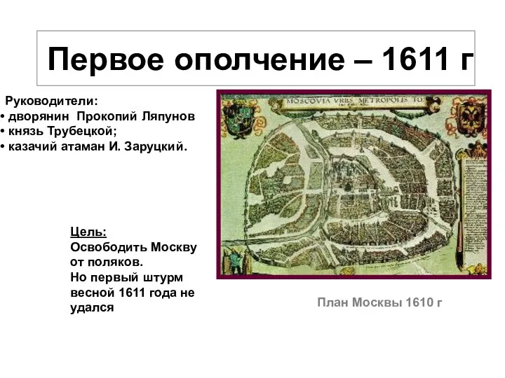 Первое ополчение – 1611 г План Москвы 1610 г Руководители: дворянин