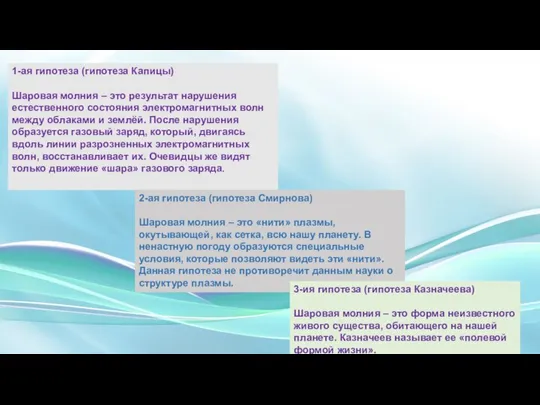 1-ая гипотеза (гипотеза Капицы) Шаровая молния – это результат нарушения естественного