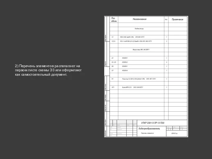 2) Перечень элементов располагают на первом листе схемы Э3 или оформляют как самостоятельный документ.