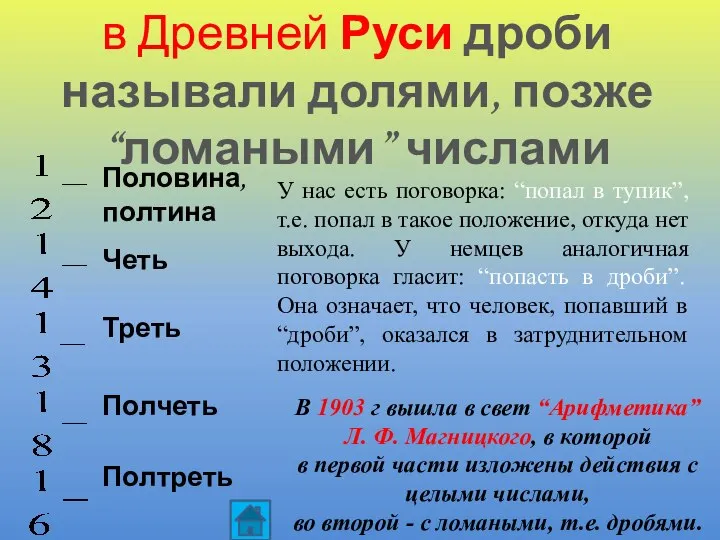 в Древней Руси дроби называли долями, позже “ломаными” числами Половина, полтина