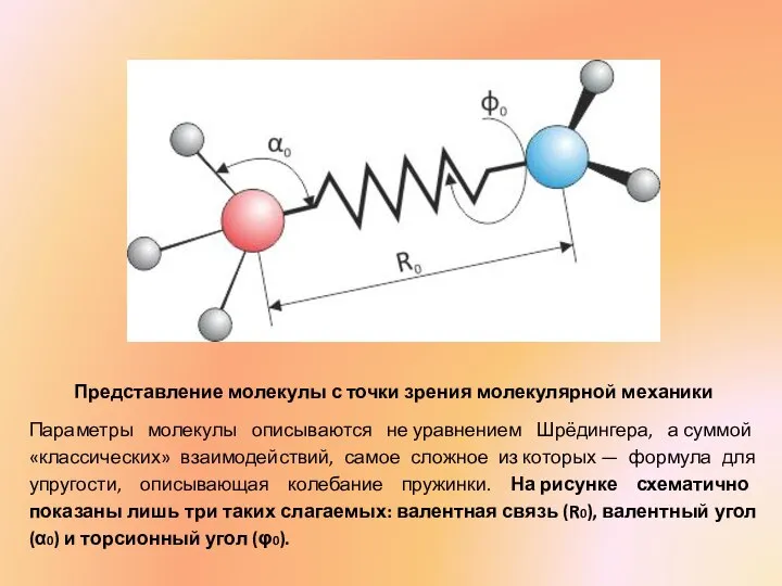 Представление молекулы с точки зрения молекулярной механики Параметры молекулы описываются не