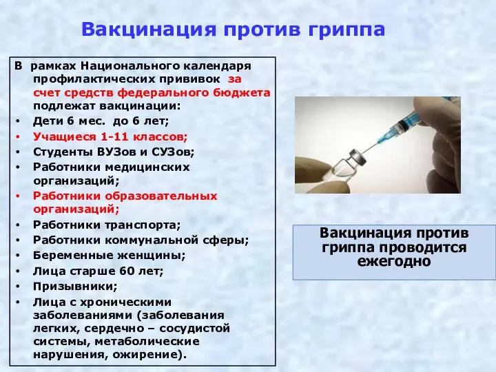 Вакцинация против гриппа В рамках Национального календаря профилактических прививок за счет