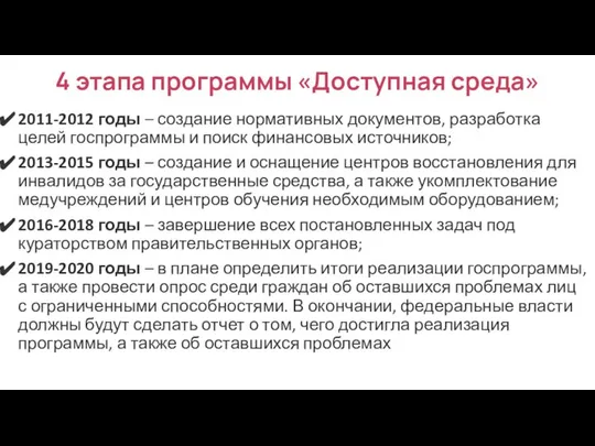 4 этапа программы «Доступная среда» 2011-2012 годы – создание нормативных документов,