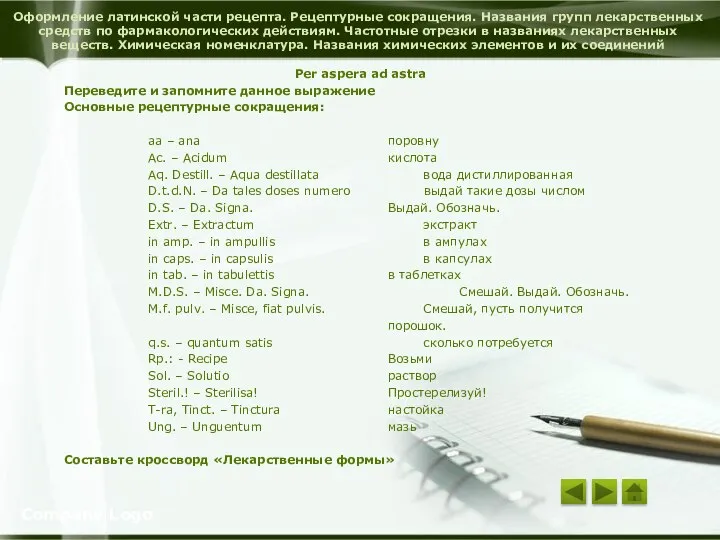 Оформление латинской части рецепта. Рецептурные сокращения. Названия групп лекарственных средств по
