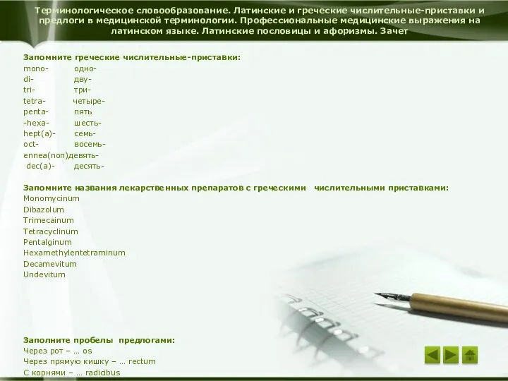 Терминологическое словообразование. Латинские и греческие числительные-приставки и предлоги в медицинской терминологии.