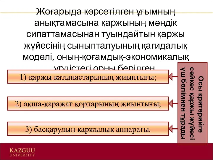 Жоғарыда көрсетілген ұғымның анықтамасына қаржының мәндік сипаттамасынан туындайтын қаржы жүйесінің сыныпталуының