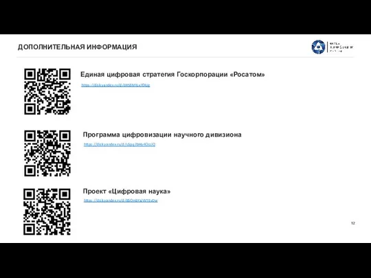 ДОПОЛНИТЕЛЬНАЯ ИНФОРМАЦИЯ Единая цифровая стратегия Госкорпорации «Росатом» Программа цифровизации научного дивизиона