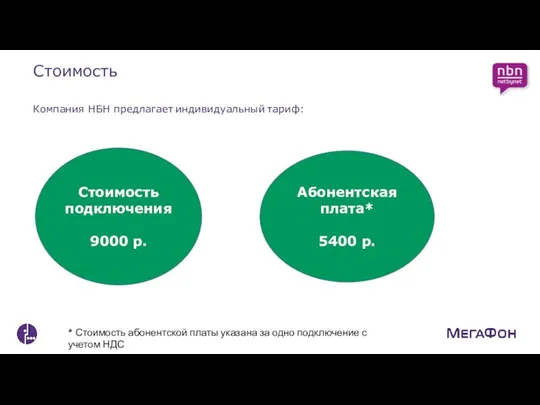 Стоимость Компания НБН предлагает индивидуальный тариф: Стоимость подключения 9000 р. Абонентская