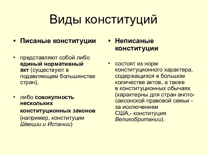 Виды конституций Писаные конституции представляют собой либо единый нормативный акт (существуют