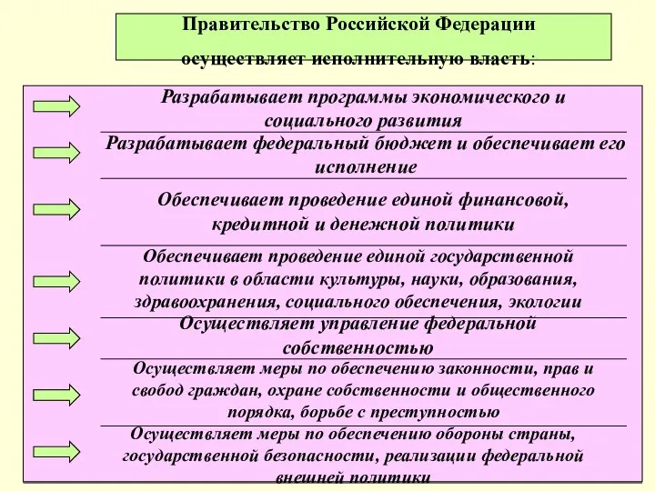 Правительство Российской Федерации осуществляет исполнительную власть: Разрабатывает программы экономического и социального