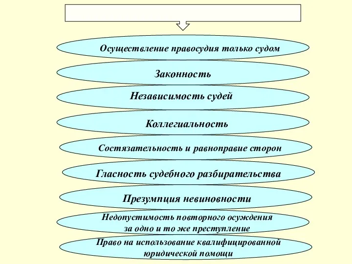 Принципы судопроизводства в РФ Осуществление правосудия только судом Законность Независимость судей