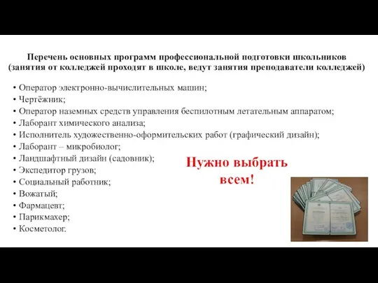 Перечень основных программ профессиональной подготовки школьников (занятия от колледжей проходят в