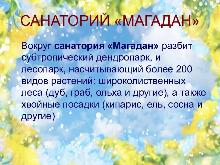 САНАТОРИЙ «МАГАДАН» Вокруг санатория «Магадан» разбит субтропический дендропарк, и лесопарк, насчитывающий