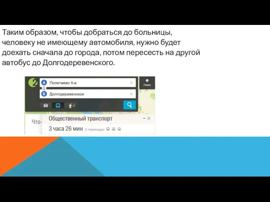 Таким образом, чтобы добраться до больницы, человеку не имеющему автомобиля, нужно