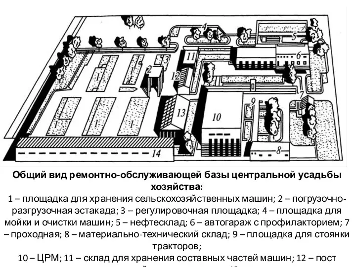 Общий вид ремонтно-обслуживающей базы центральной усадьбы хозяйства: 1 – площадка для