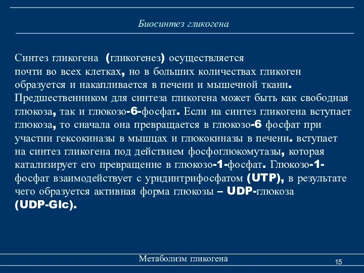 Биосинтез гликогена Метаболизм гликогена Синтез гликогена (гликогенез) осуществляется почти во всех