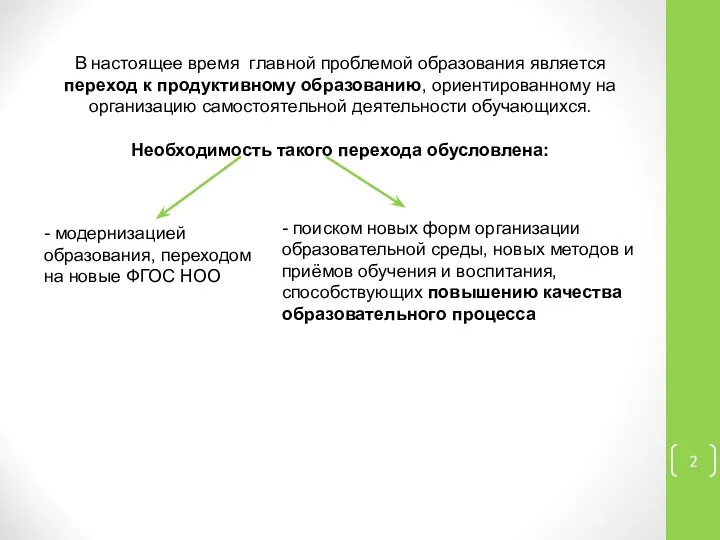 В настоящее время главной проблемой образования является переход к продуктивному образованию,