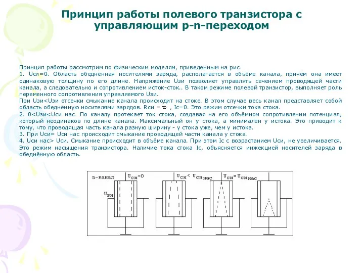 Принцип работы полевого транзистора с управляющим p-n-переходом Принцип работы рассмотрим по