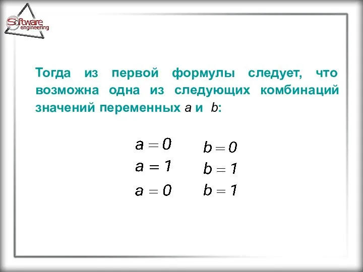 Тогда из первой формулы следует, что возможна одна из следующих комбинаций значений переменных a и b: