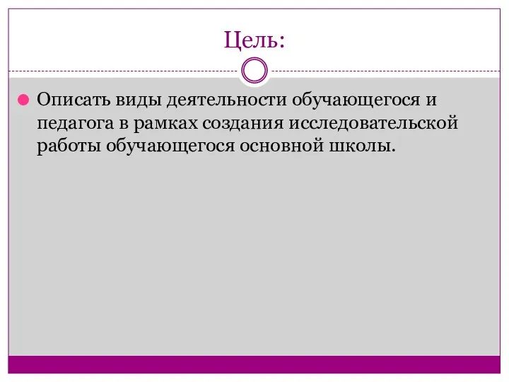 Цель: Описать виды деятельности обучающегося и педагога в рамках создания исследовательской работы обучающегося основной школы.