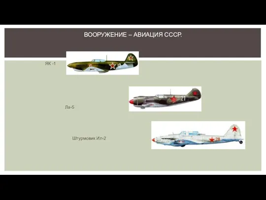 Истребители: Як-1 ЯК -1 Ла-5 Штурмовик Ил-2 ВООРУЖЕНИЕ – АВИАЦИЯ СССР.