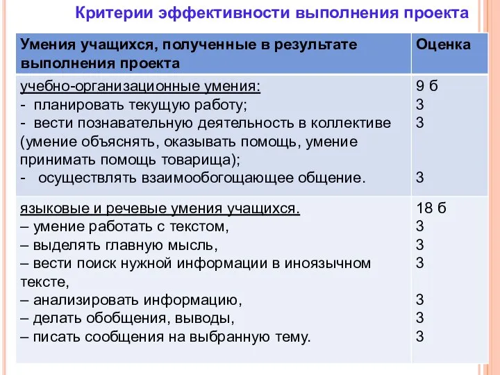 Критерии эффективности выполнения проекта