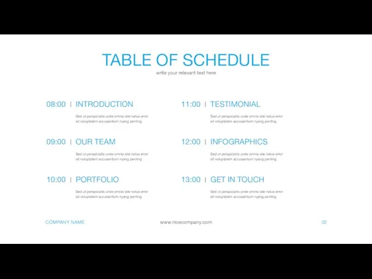 TABLE OF SCHEDULE write your relevant text here 02 08:00 09:00 10:00 11:00 12:00 13:00