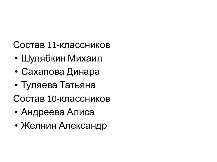 Состав 11-классников Шулябкин Михаил Сахапова Динара Туляева Татьяна Состав 10-классников Андреева Алиса Желнин Александр