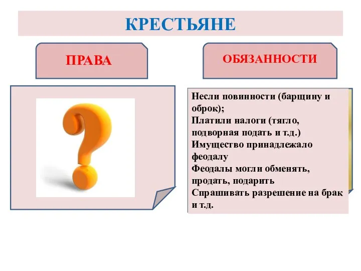 КРЕСТЬЯНЕ ПРАВА ОБЯЗАННОСТИ Несли повинности (барщину и оброк); Платили налоги (тягло,