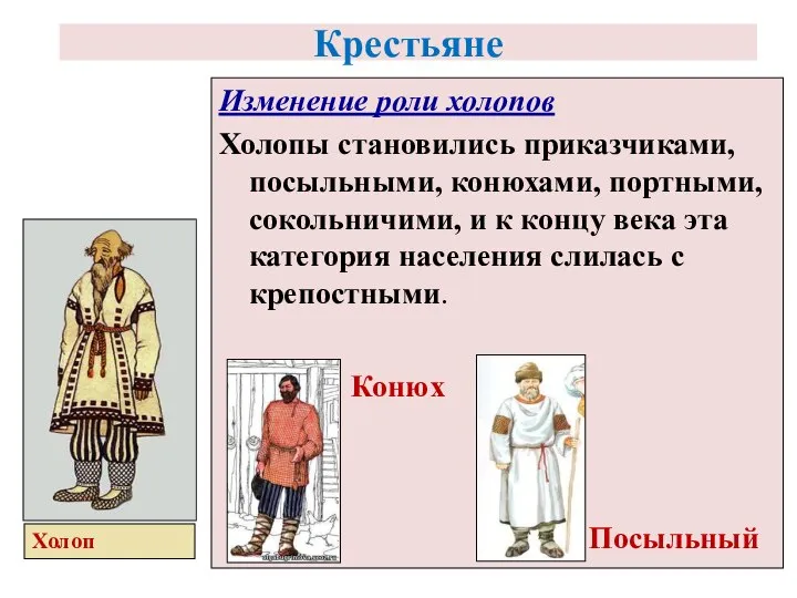 Изменение роли холопов Холопы становились приказчиками, посыльными, конюхами, портными, сокольничими, и