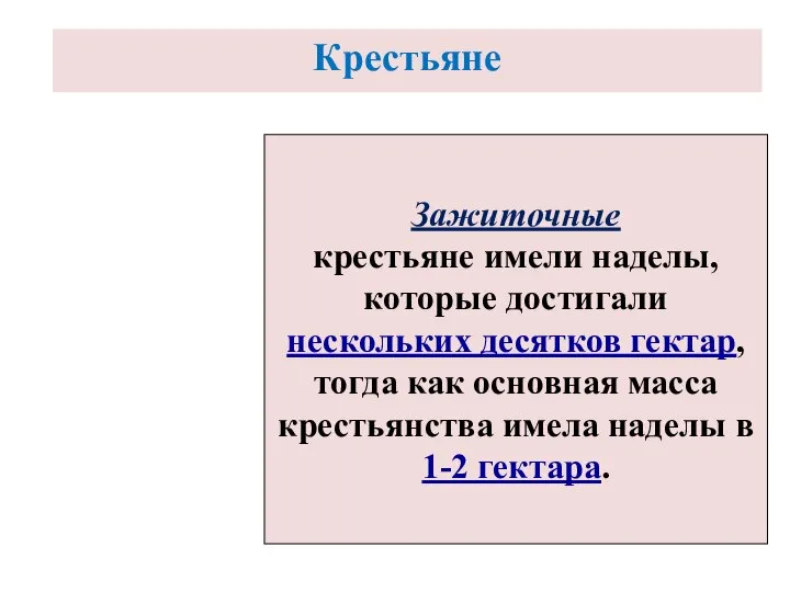 Крестьяне Зажиточные крестьяне имели наделы, которые достигали нескольких десятков гектар, тогда