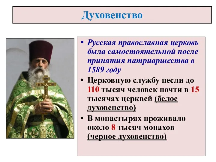 Духовенство православия. Белое духовенство. Упразднение патриаршества. Изменения в положении русской православной церкви.