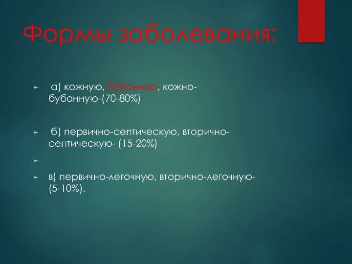 Формы заболевания: а) кожную, бубонную, кожно-бубонную-(70-80%) б) первично-септическую, вторично-септическую- (15-20%) в) первично-легочную, вторично-легочную- (5-10%).