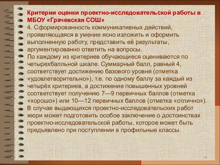 Критерии оценки проектно-исследовательской работы в МБОУ «Грачевская СОШ» 4. Сформированность коммуникативных