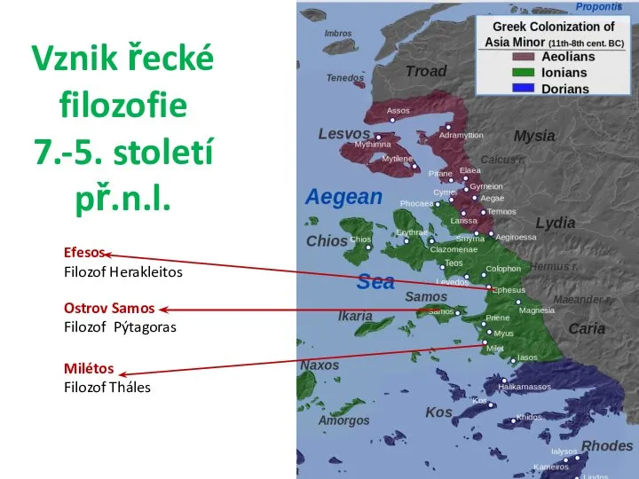 Vznik řecké filozofie 7.-5. století př.n.l. Milétos Filozof Tháles Efesos Filozof Herakleitos Ostrov Samos Filozof Pýtagoras