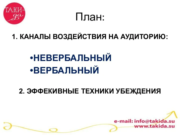 План: 1. КАНАЛЫ ВОЗДЕЙСТВИЯ НА АУДИТОРИЮ: НЕВЕРБАЛЬНЫЙ ВЕРБАЛЬНЫЙ 2. ЭФФЕКИВНЫЕ ТЕХНИКИ УБЕЖДЕНИЯ