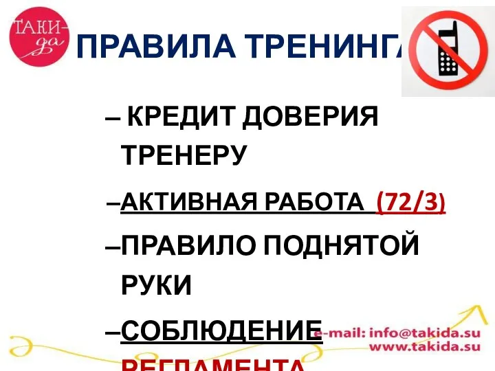 ПРАВИЛА ТРЕНИНГА КРЕДИТ ДОВЕРИЯ ТРЕНЕРУ АКТИВНАЯ РАБОТА (72/3) ПРАВИЛО ПОДНЯТОЙ РУКИ СОБЛЮДЕНИЕ РЕГЛАМЕНТА