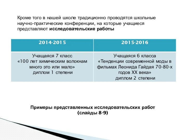 Кроме того в нашей школе традиционно проводятся школьные научно-практические конференции, на