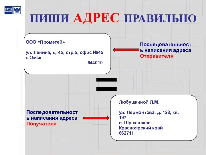 ПИШИ АДРЕС ПРАВИЛЬНО Любушкиной Л.М. ул. Лермонтова, д. 128, кв. 197