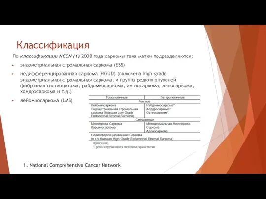 Классификация По классификации NCCN (1) 2008 года саркомы тела матки подразделяются: