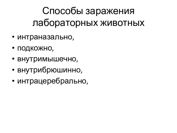 Способы заражения лабораторных животных интраназально, подкожно, внутримышечно, внутрибрюшинно, интрацеребрально,