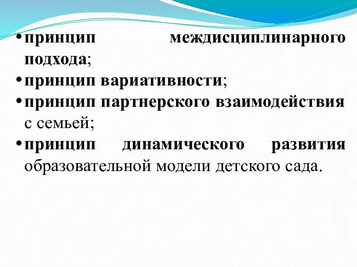 принцип междисциплинарного подхода; принцип вариативности; принцип партнерского взаимодействия с семьей; принцип