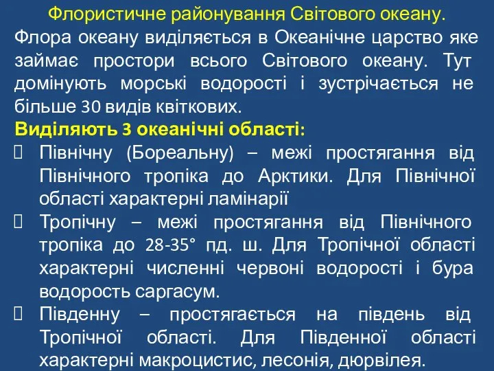 Флористичне районування Світового океану. Флора океану виділяється в Океанічне царство яке